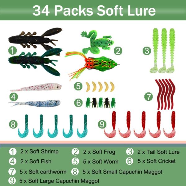 Fishing Lures Kit, Spoon Lures, Soft Plastic Worms, Frog Lures, Bait Tackle Kit for Bass, Trout, Salmon for Freshwater and Saltwater - Image 2