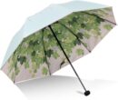 Green Tree Leaf Folding Travel Sun Umbrella Sunblock UV Protection UPF 50+ Rain Resistant Compact Size Parasol Fold into Purse