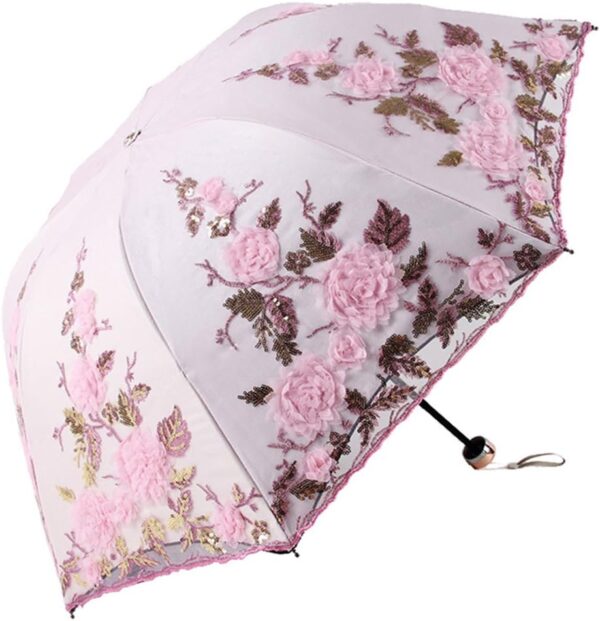 Vintage Lace UV Sun Parasol Folding 3D Flower Embroidery Umbrella