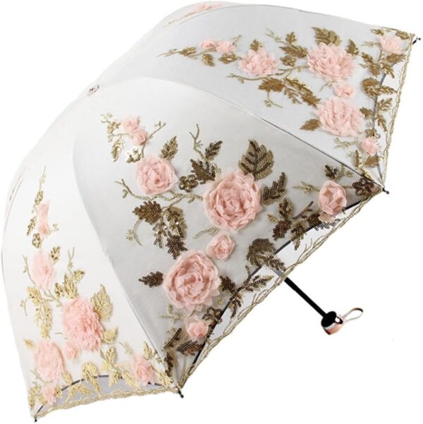 Vintage Lace UV Sun Parasol Folding 3D Flower Embroidery Umbrella