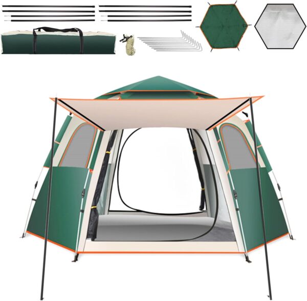 Camping Tent Large Tent 87" L 73" W 40" H with Instant Setup Outdoor Tent with 2 Doors,3 Windows,Removable Rainfly, Hexagonal Moisture-Proof Pad and Carry Bag,4/6/8 Person Weatherproof Tent