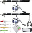 Fishing Pole Combo Set,2PCS Collapsible Rods 2PCS Spinning Reels Mono Fishing line Come Setup Already！Including 4PCS Minnow, Fishing Plier， ministoream