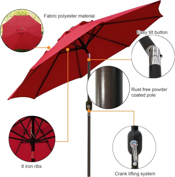 9' Outdoor Patio Umbrella, Outdoor Table Umbrella, Yard Umbrella, Market Umbrella with 8 Sturdy Ribs, Push Button Tilt and Crank - Image 2