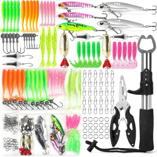 101 PCS Fishing Lure Kit with Fish Lip Gripper Fish Controller Hard and Soft Lures Hooks Jig Heads Weights and Accessories Complete Fishing Gear Set for Freshwater and Saltwater Ideal Gift for Men
