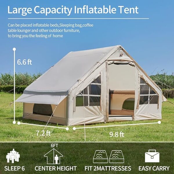 Inflatable Tent with Pump, 2-4-6 Person Instant Glamping Camping Tents House, Easy Setup Blow Up Family Tents for 4 Seasons Waterproof Inflatable Tent for Camping with Mesh Windows. - Image 2