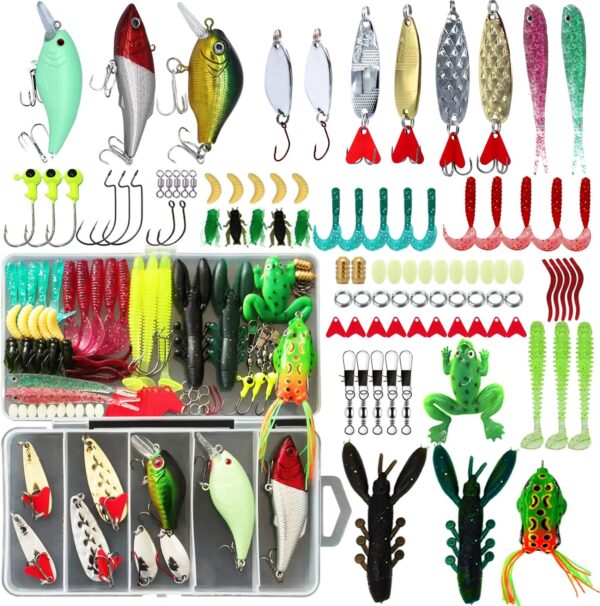 Fishing Lures Kit, Spoon Lures, Soft Plastic Worms, Frog Lures, Bait Tackle Kit for Bass, Trout, Salmon for Freshwater and Saltwater