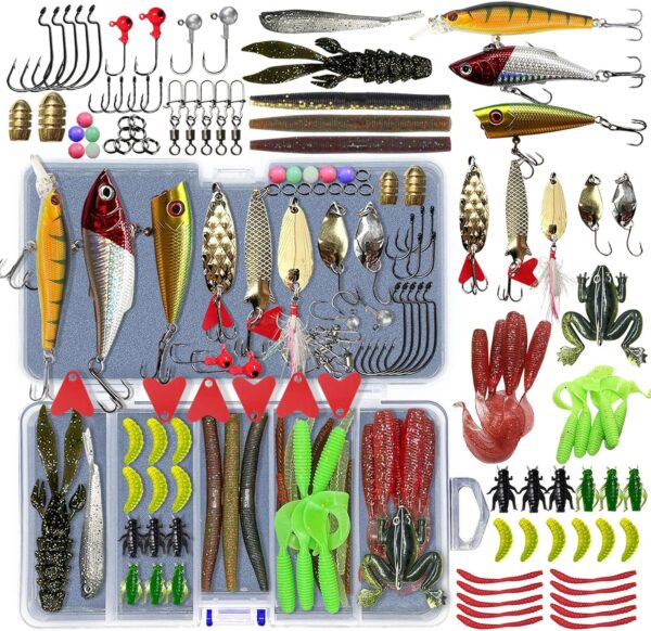 Fishing Lures Kit Set, Baits Tackle Including Crankbaits, Topwater Lures, Spinnerbaits, Worms, Jigs, Hooks, Tackle Box and More Fishing Gear Lures for Bass Trout